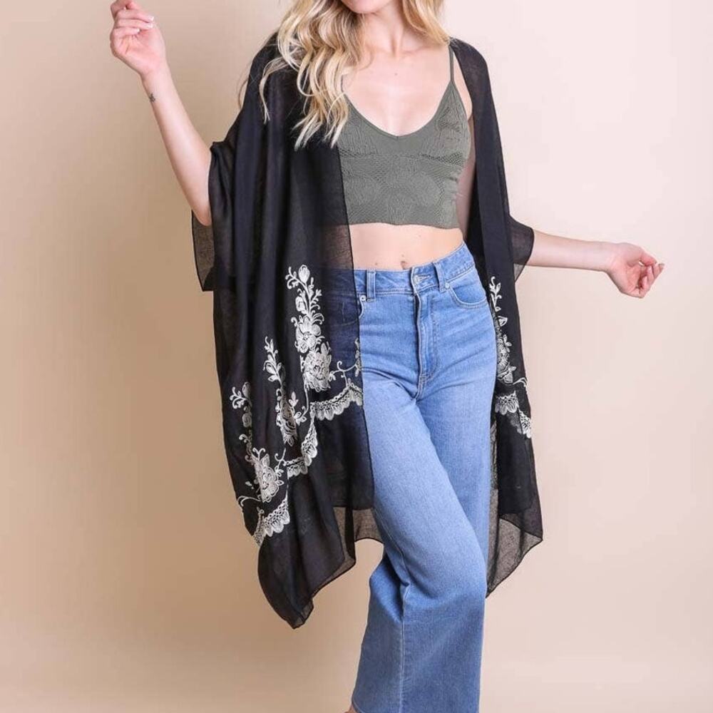 Lightweight Floral Embroidered Tassels Boho Festival Kimono Wrap Black